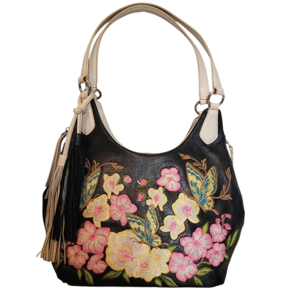 Sharif Leather Black Lt. Cream Floral Butterflies Embroidered Shoulder Handbag - Picture 1 of 16